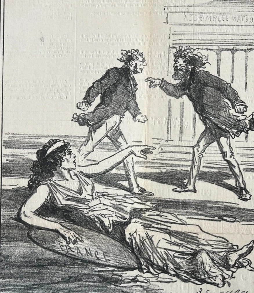 19th century Cham, Relevez moi, Apres le Siege 1835 - Antique Print: Title: 19th century Cham, Relevez moi, Apres le Siege 1835 - Antique Print Description: 19 x 26 cm stains, folds Reserve: $50.00 Shipping: Domestic: Flat-rate of $22.00 to anywhere within the contigu