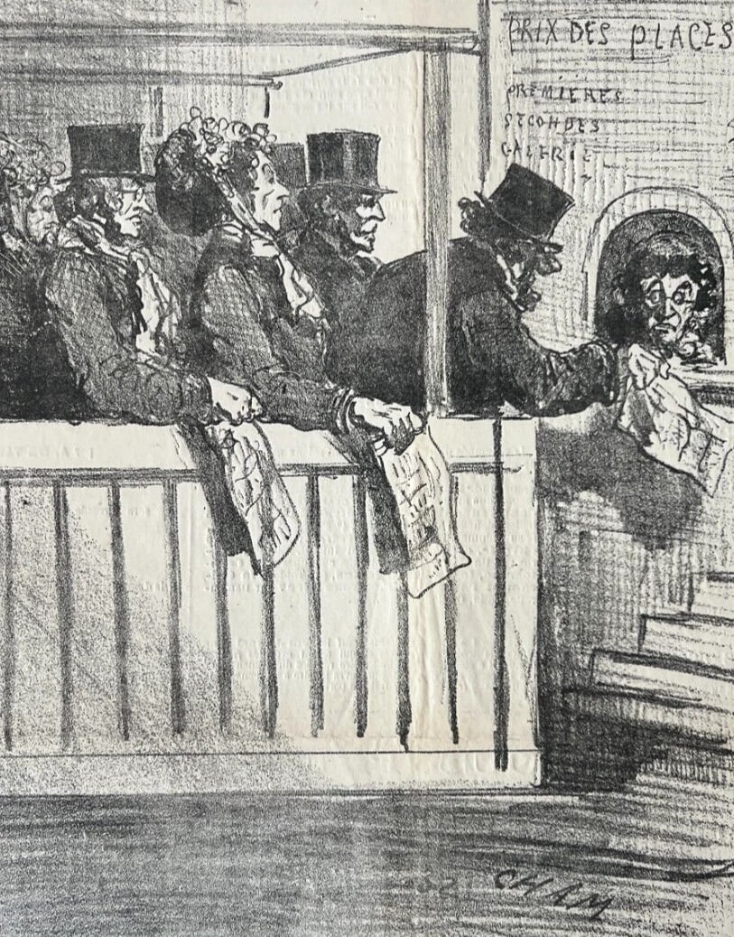 19th century Cham, Reouverture des Theatres Apres le Siege Antique Print: Title: 19th century Cham, Reouverture des Theatres Apres le Siege Antique Print Description: 19 x 26 cm stains, folds Reserve: $50.00 Shipping: Domestic: Flat-rate of $22.00 to anywhere within the