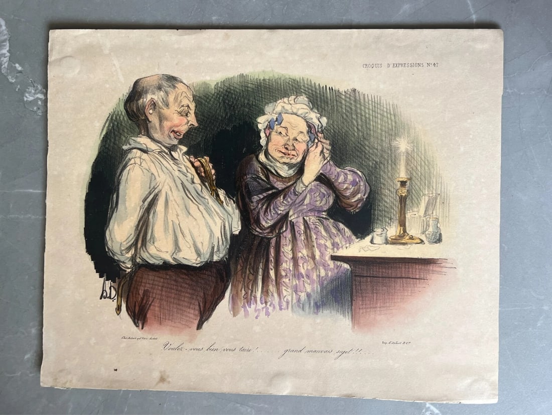 Caricature Daumier, Voulez-vous bien vous taire - Antique Print 19th century - 2
