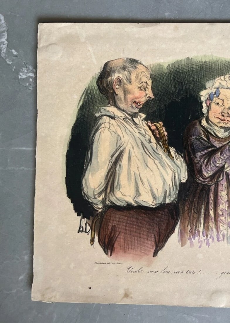 Caricature Daumier, Voulez-vous bien vous taire - Antique Print 19th century - 3