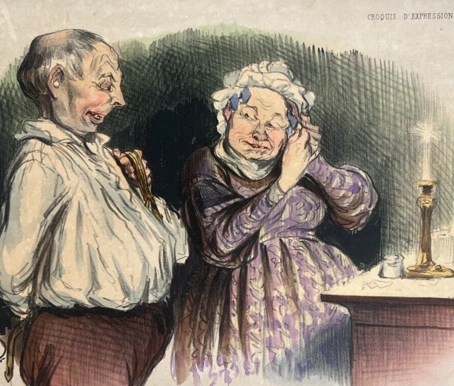 Caricature Daumier, Voulez-vous bien vous taire - Antique Print 19th century - 5