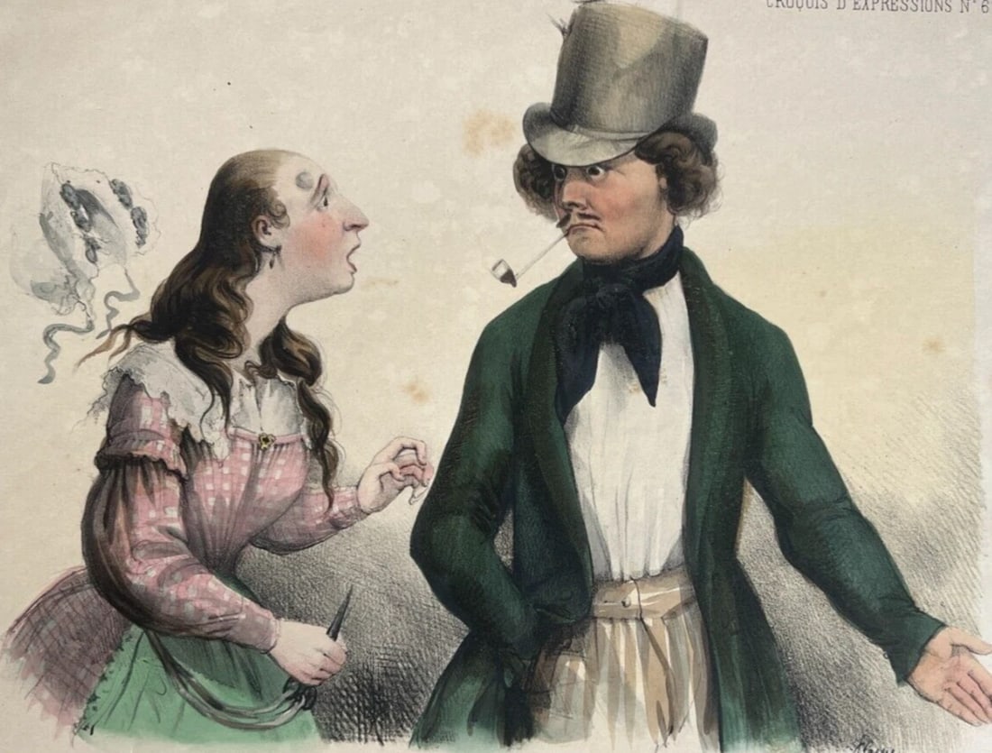 Caricature, Mademoiselle Fifine tu t'insurges - Antique Print 19th century (1 of 8)