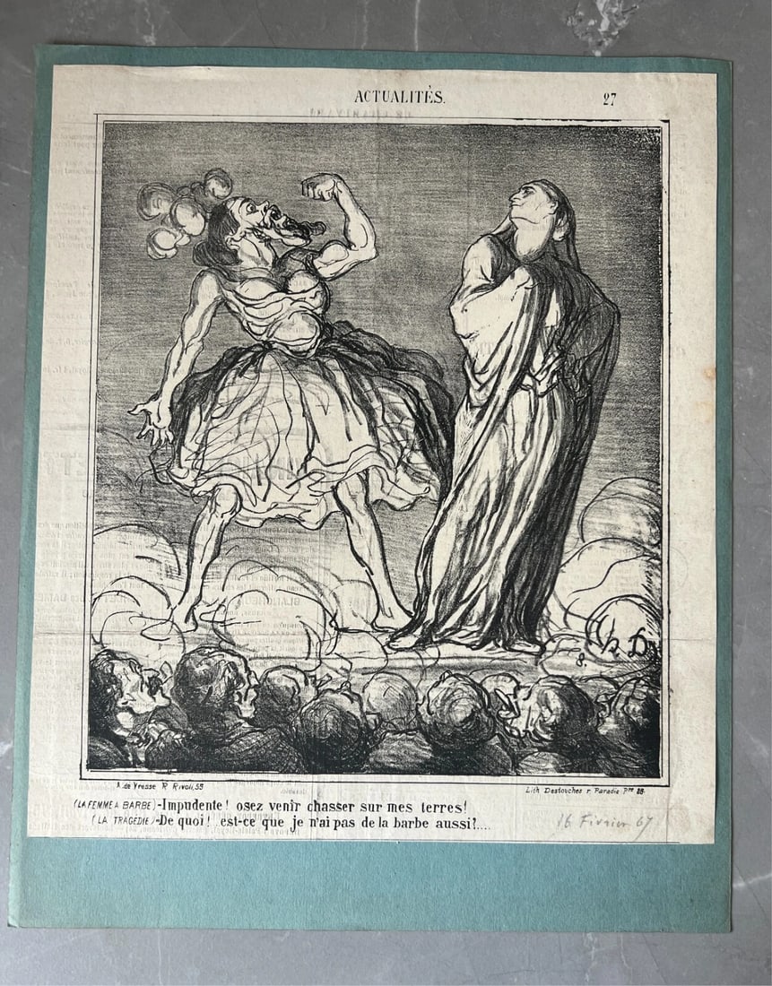 1867 Daumier - Actualite Femme Barbe - Caricature Antique Print 19th century - 8