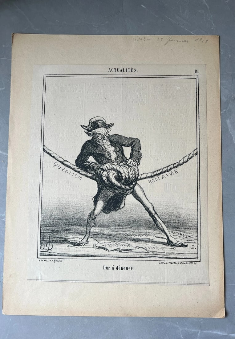 Antique Print 19th century Caricature, Daumier, Actualite, Dur a Denouer 1868 - 6