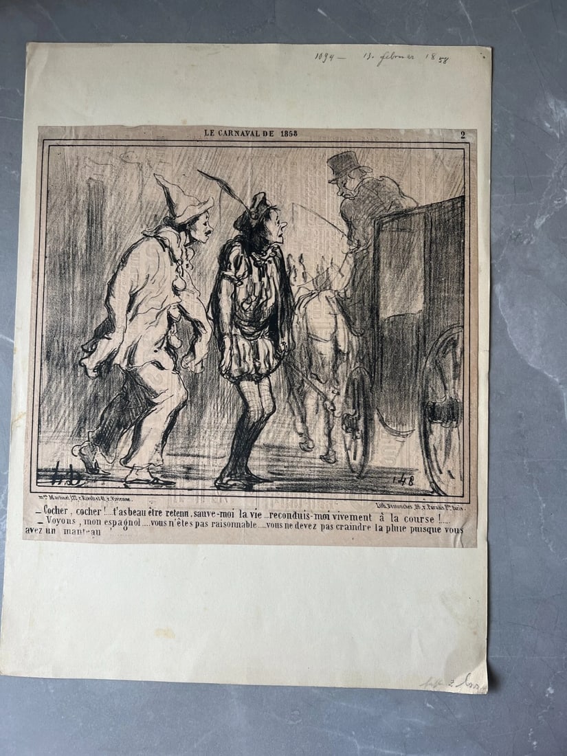 1858 Caricature, Daumier, Carnval, Cocher - Antique Print 19th century - 2