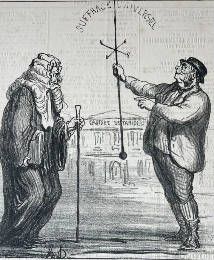 Antique Print 19th century Caricature, Daumier, John Rull , Paratonerre 1868: Title: Antique Print 19th century Caricature, Daumier, John Rull , Paratonerre 1868 Description: 27 x 36 cm stains, folds Reserve: $50.00 Shipping: Domestic: Flat-rate of $22.00 to anywhere within