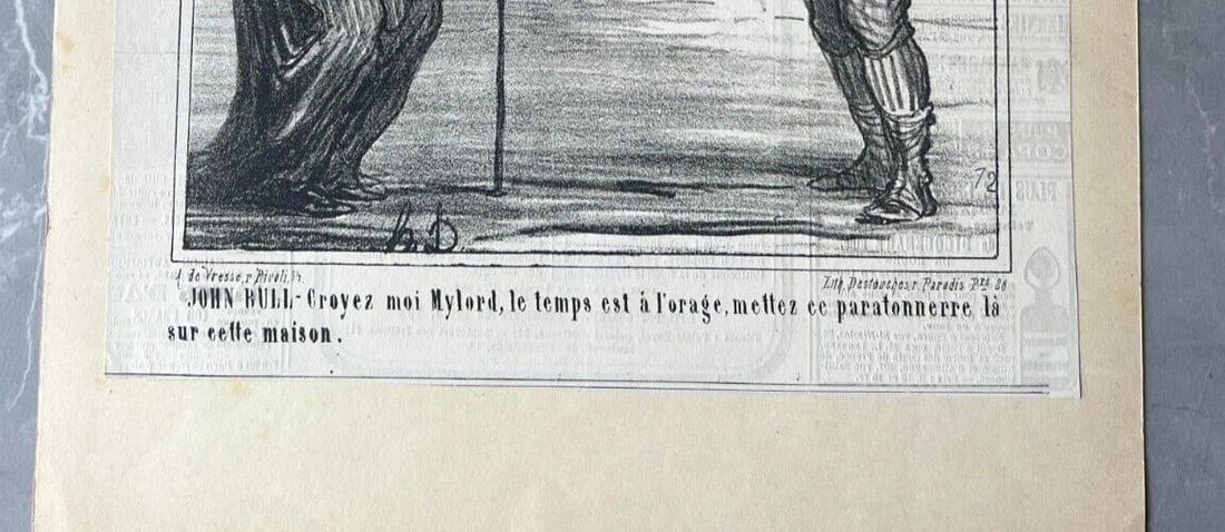 Antique Print 19th century Caricature, Daumier, John Rull , Paratonerre 1868 - 6