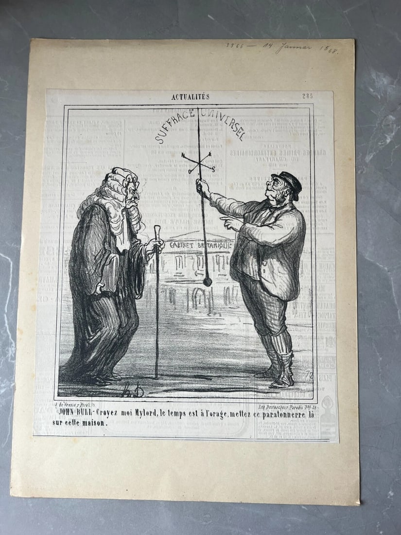 Antique Print 19th century Caricature, Daumier, John Rull , Paratonerre 1868 - 8