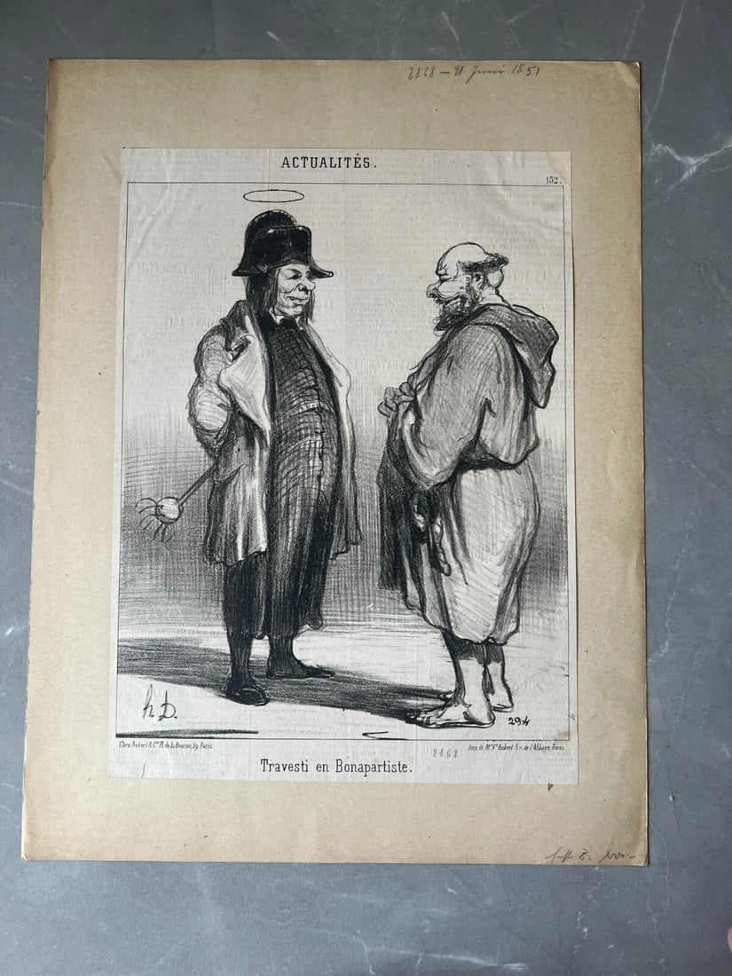 1851 Daumier - Travesti en Bonapartiste - Caricature Antique Print 19th century - 2