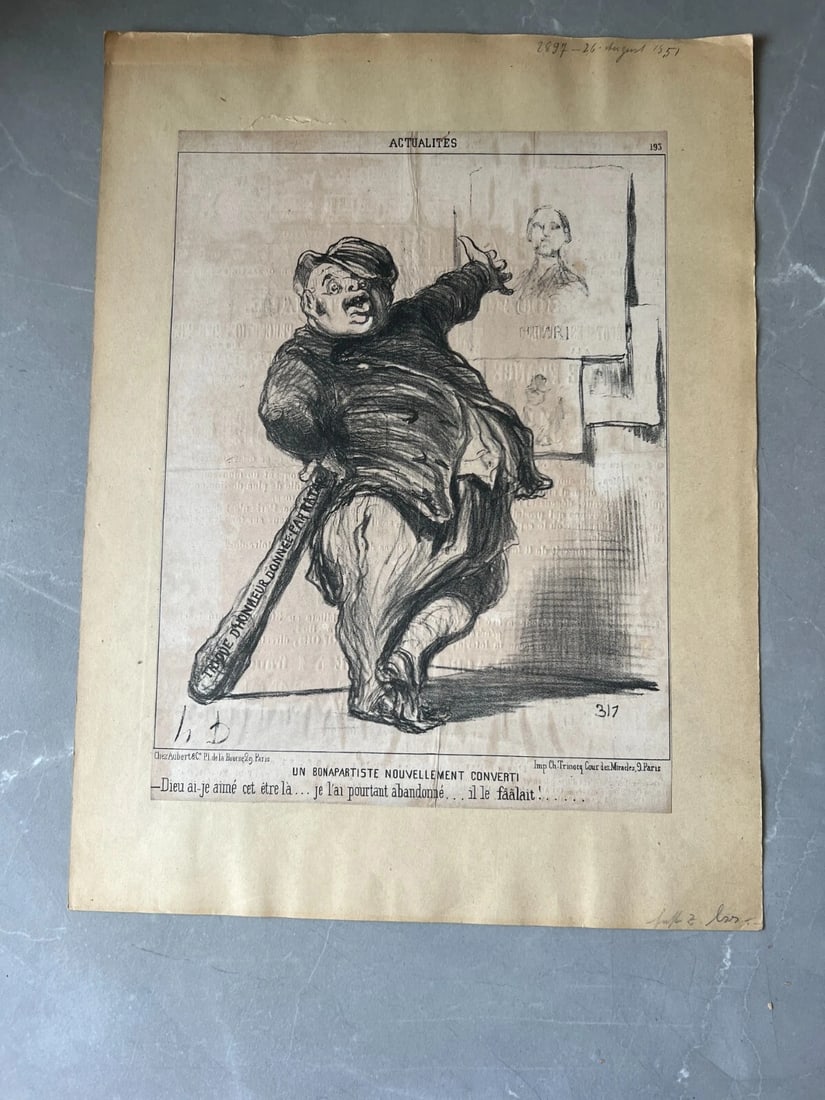1851 Caricature Daumier - Bonapartiste Converti - Antique Print 19th century - 2