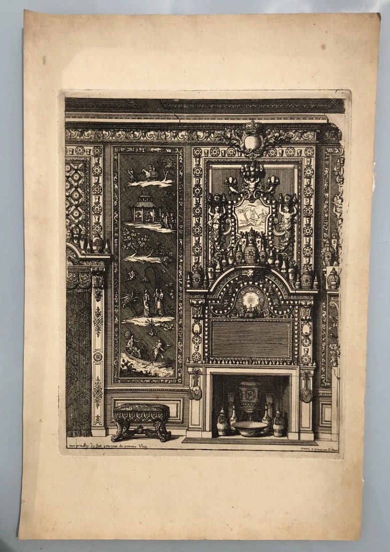 Antique Original Etching Jean MAROT Mariette, Fireplace, Architecture x7 - 2