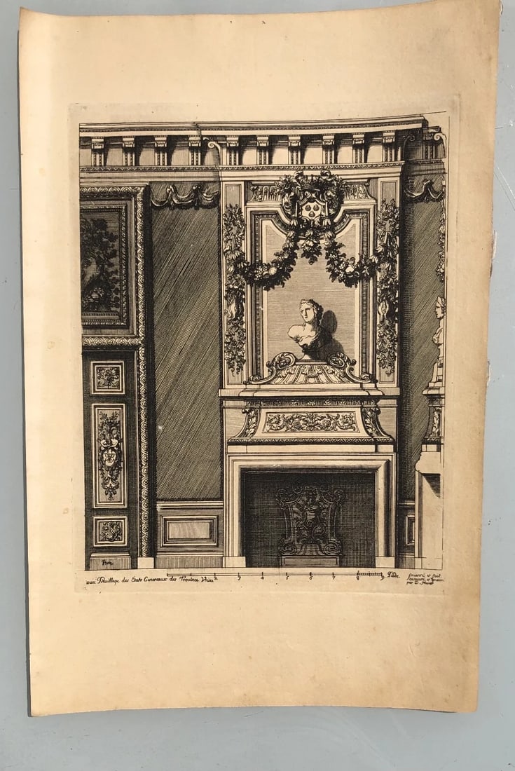 Antique Original Etching Jean MAROT Mariette, Fireplace, Architecture x7 - 6