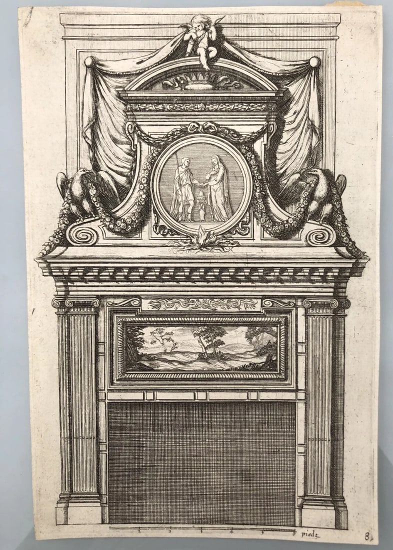 17th century Architecture, Fireplace, Sculptures x4 Etching Original Antique - 2