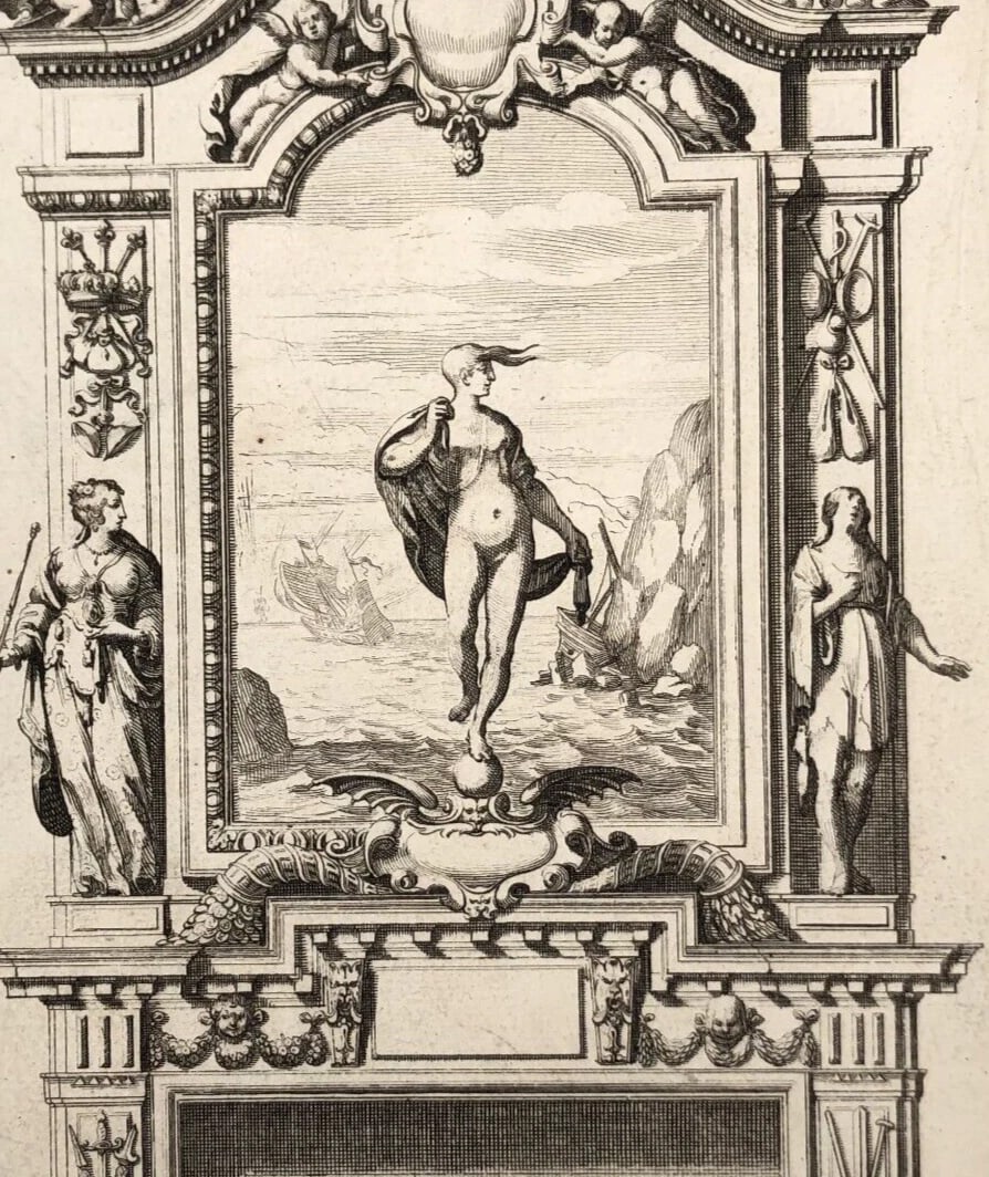 17th century Architecture, Fireplace, Sculptures x4 Etching Original Antique - 5
