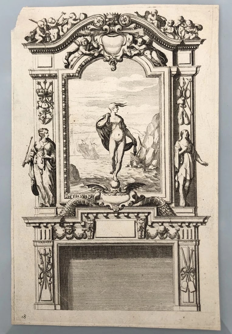 17th century Architecture, Fireplace, Sculptures x4 Etching Original Antique - 6