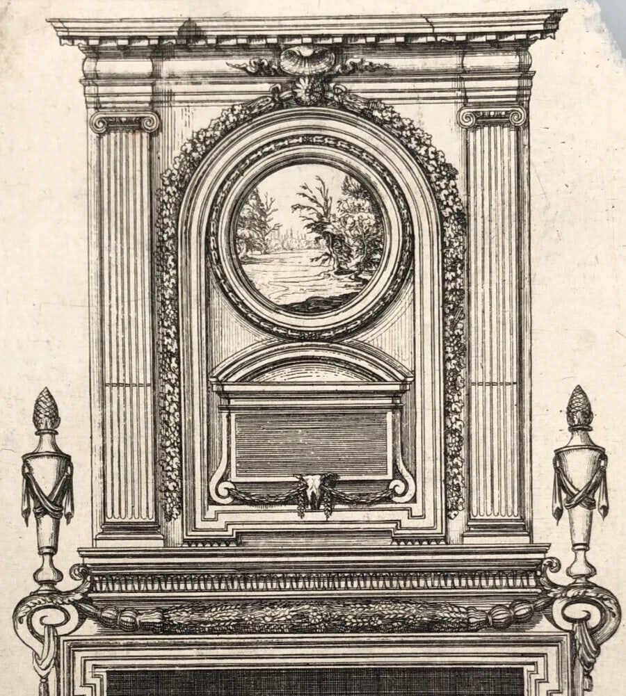 17th century Architecture, Fireplace, Sculptures x4 Etching Original Antique - 7