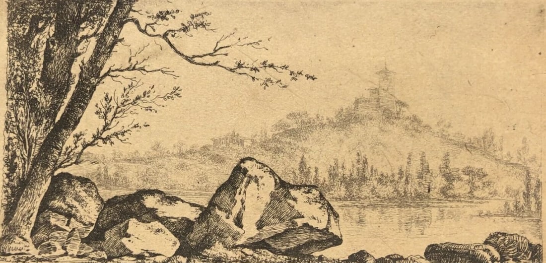 19th century Landscape, Mountain, Trees, Rocks Antique Etching Original: Title: 19th century Landscape, Mountain, Trees, Rocks Antique Etching Original Description: Engraving on paper 15.5 x 20 cm stains, stick to paper Reserve: $50.00 Shipping: Domestic: Flat-rate of