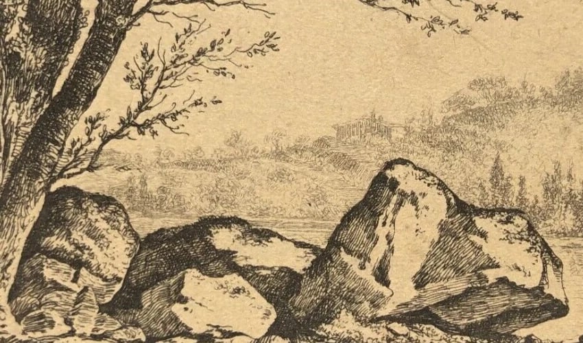 19th century Landscape, Mountain, Trees, Rocks Antique Etching Original - 5