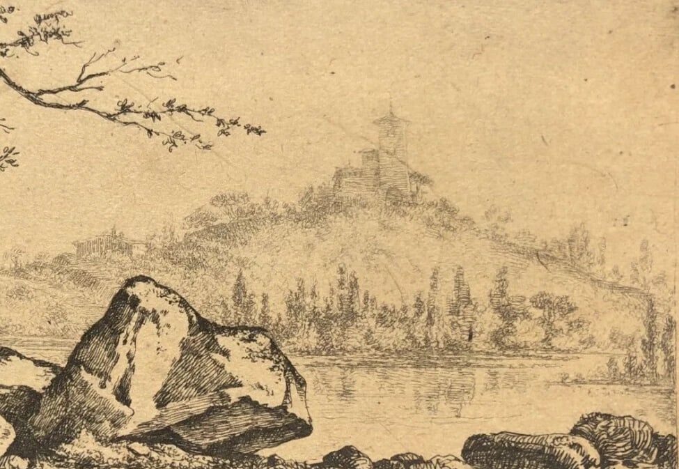 19th century Landscape, Mountain, Trees, Rocks Antique Etching Original - 7
