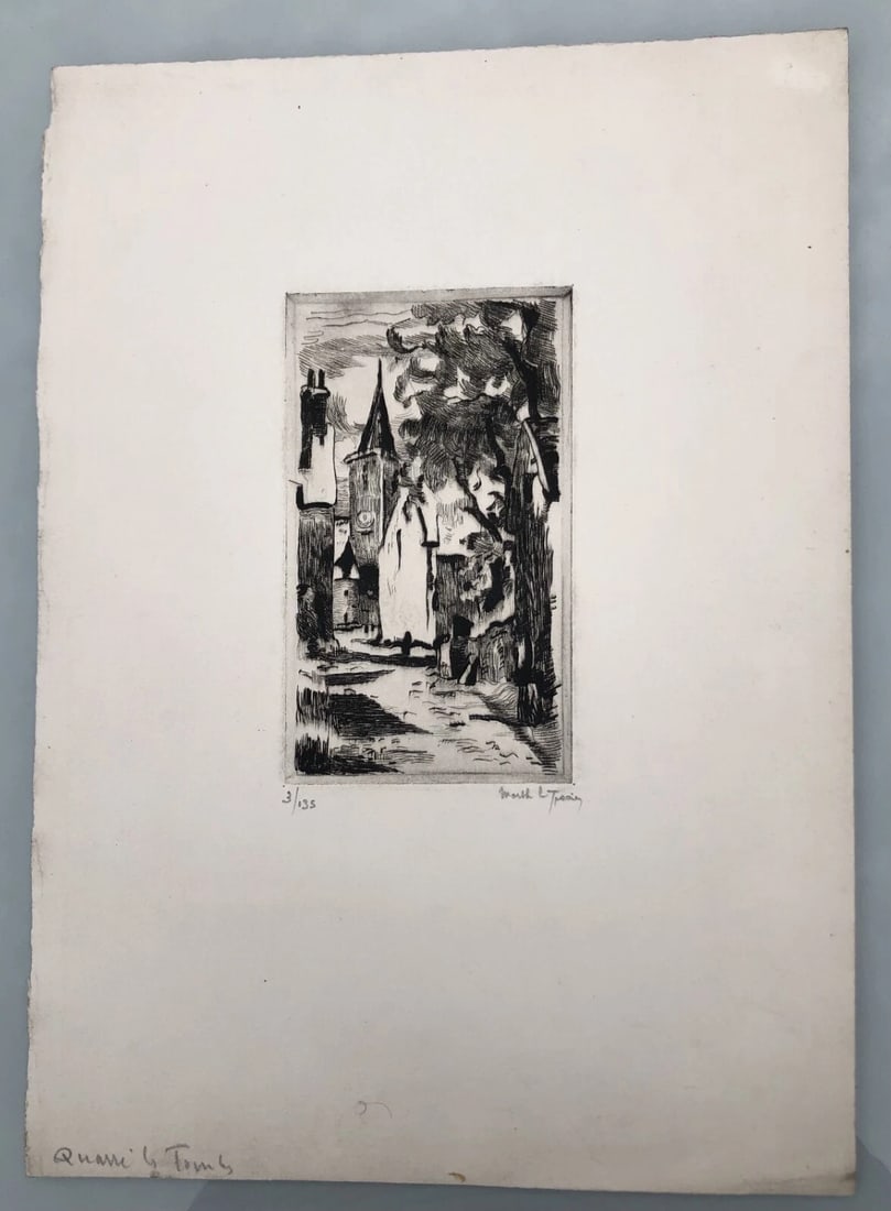 Marthe LE TESSIER 1901-1985 Landscape Cityview House - Antique Etching Original - 2