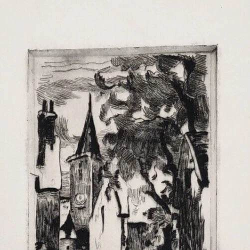 Marthe LE TESSIER 1901-1985 Landscape Cityview House - Antique Etching Original - 5