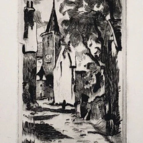 Marthe LE TESSIER 1901-1985 Landscape Cityview House - Antique Etching Original - 6