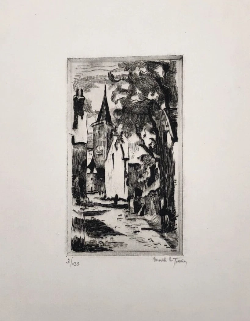Marthe LE TESSIER 1901-1985 Landscape Cityview House - Antique Etching Original - 7