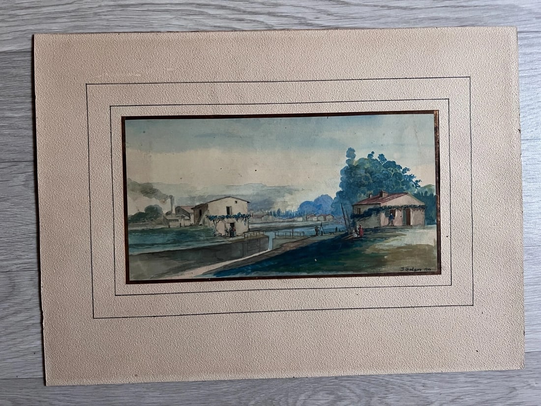 Antique Original Drawing Jakob ZELGER (1812-1885) Landscape, House, People, Tree - 2