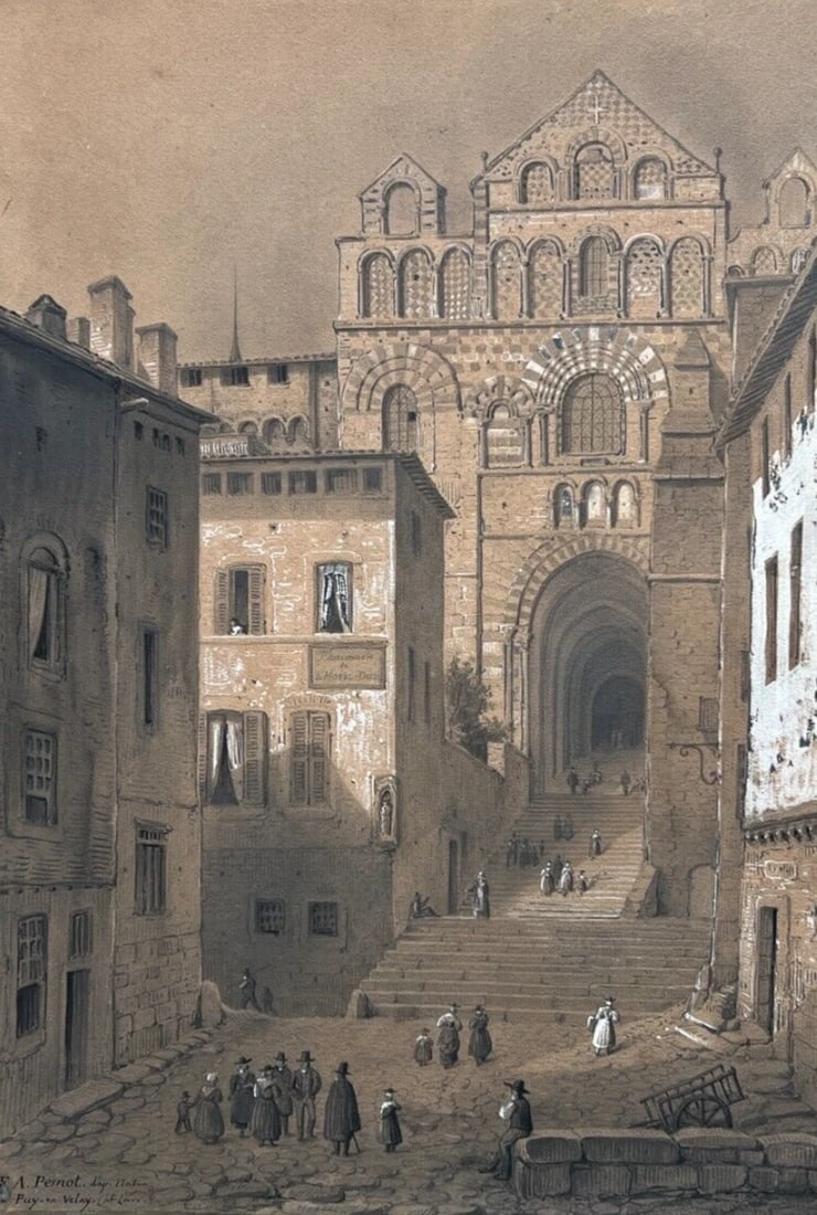 Antique Drawing Original Cityview, House, People, Puy en Velay, 19th century (1 of 8)