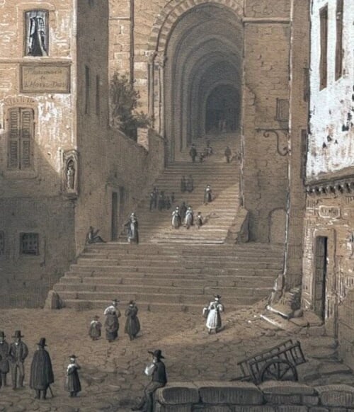 Antique Drawing Original Cityview, House, People, Puy en Velay, 19th century - 4