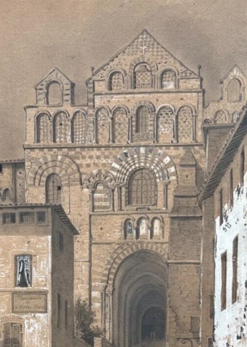 Antique Drawing Original Cityview, House, People, Puy en Velay, 19th century - 6