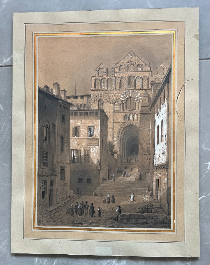 Antique Drawing Original Cityview, House, People, Puy en Velay, 19th century - 8