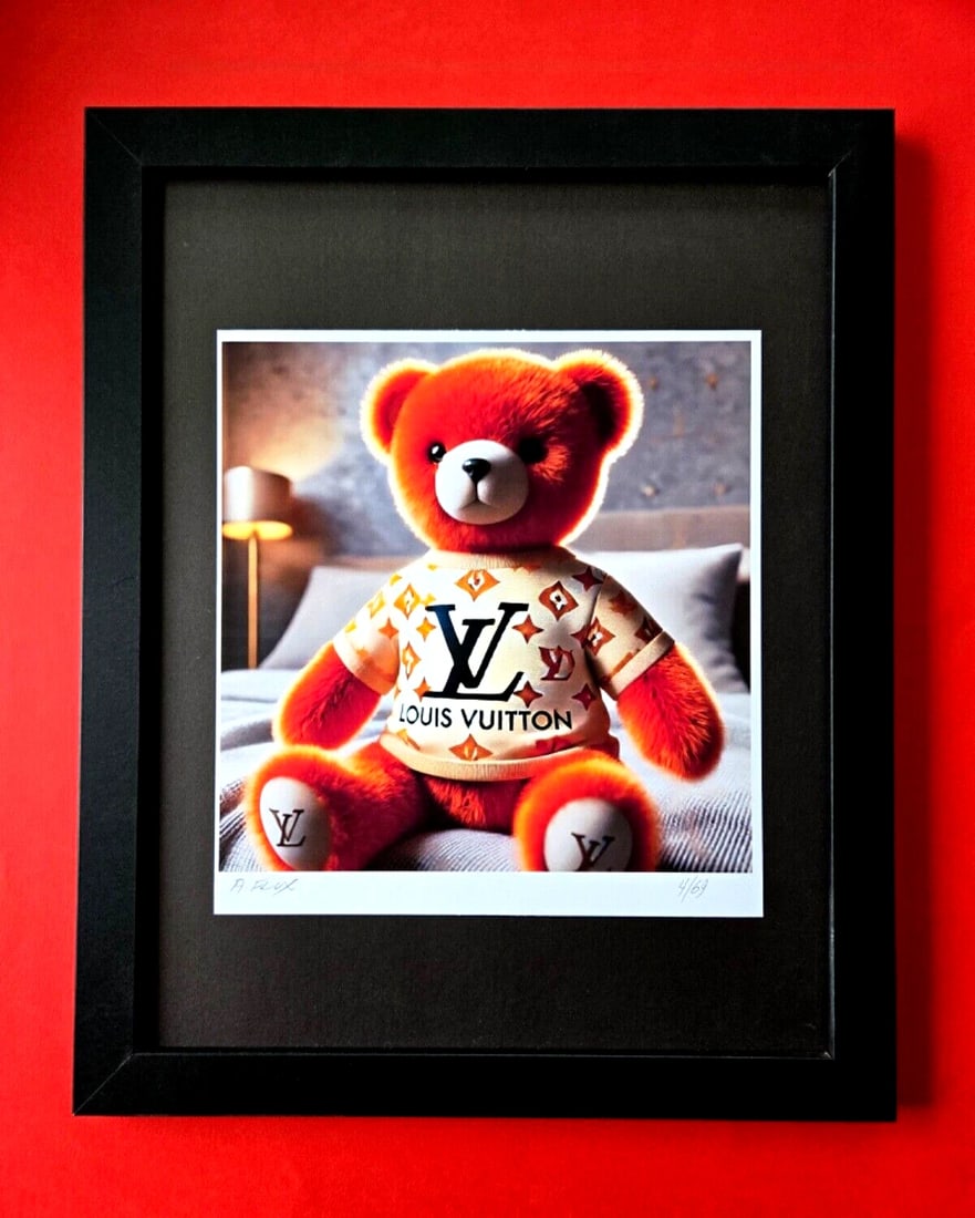 AIDAN FLUX Hand Signed Print Framed FASHION DESIGNER TEDDY BEAR COA: This is a one-of-a-kind Hand Signed Authentic Giclee by AIDAN FLUX. From his Famous Series " ICONS OF THE WORLD" The print is 10x8in., measuring framed 14 inches in height and 11 inches in width, it c