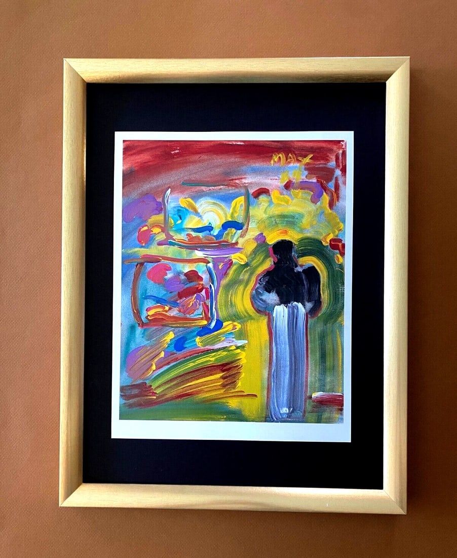 Peter Max | Angel Vintage Print Signed Framed Gold Pop Art: Up for Auction this Beautiful and Scarce Vintage 2001 Offset Lithograph after Peter Max Signed on the Plate Art Print is about 12 X 10 in. This piece is mounted on a 16 x 12 in. black acid free black 