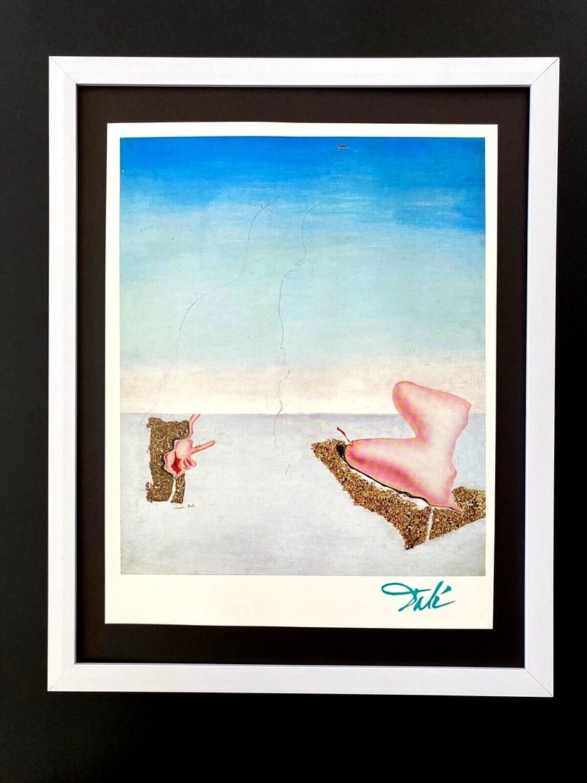 Salvador Dali 1970 Vintage Signed Print Framed Surrealist Collecting Art: Up for Auction this Beautiful and Scarce Vintage 1970 Offset Lithograph after SALVADOR DALI " Deseos Insatisfechos " Facsimile Signed in ink This art print is mounted on a 11 x 14 in. black acid free