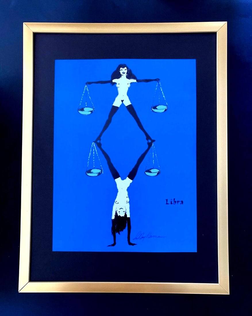LeRoy Neiman " Femlin Zodiac Libra " Signed Print Framed: Beautiful and Scarce Original Vintage 1991 Femlin Print After Leroy Neiman "ZODIAC LIBRA" Signed on the Plate This piece is mounted on a 16 x 12 in. black acid free premium black board. Framed covers 