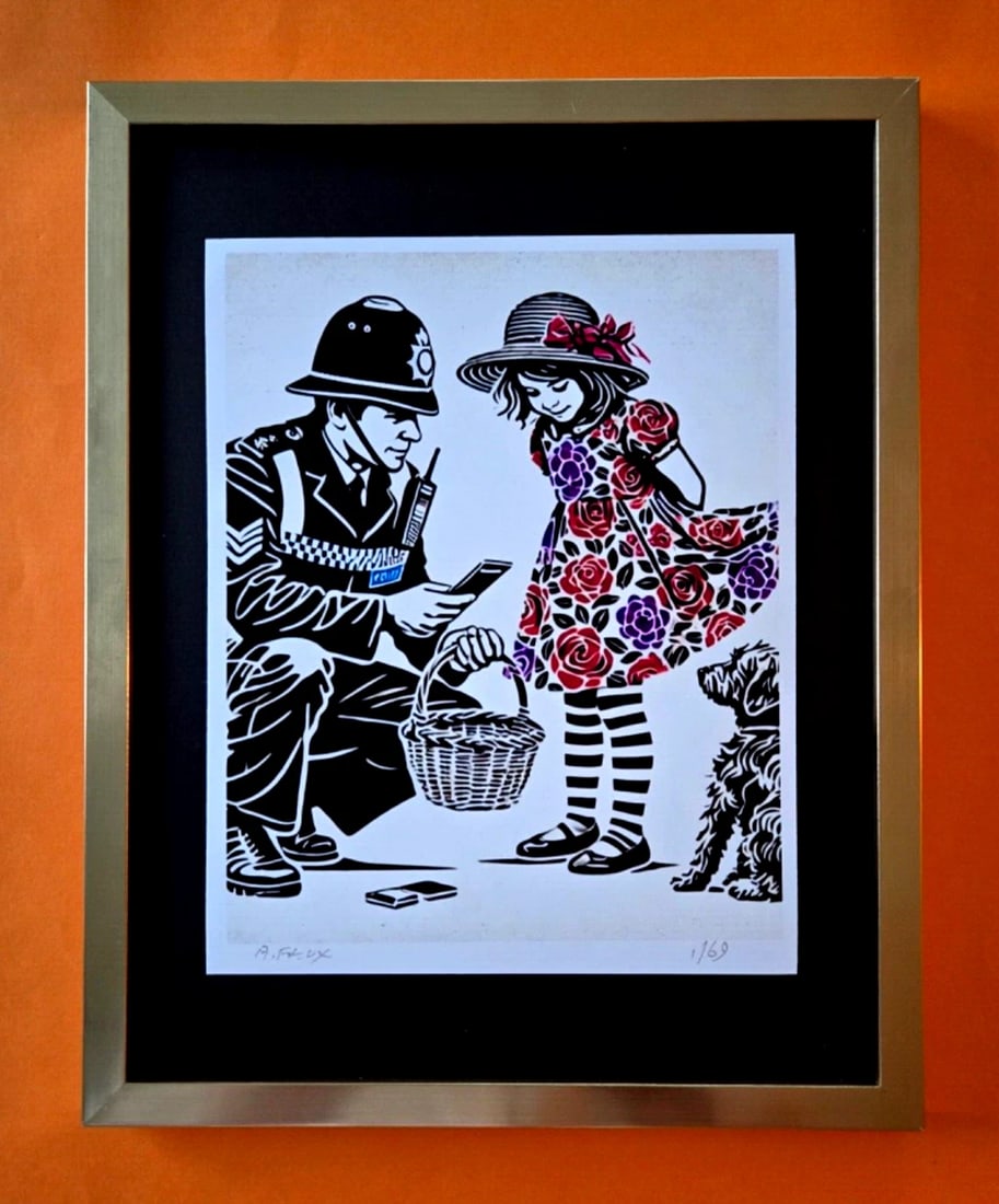 AIDAN FLUX Hand Signed Authentic LtdED Print Framed Police& Girl COA: This is a one-of-a-kind Hand Signed Authentic Giclee by AIDAN FLUX. From his Series " Universal Icons" The artist has created a stunning piece of art that features a powerful message about women's emp