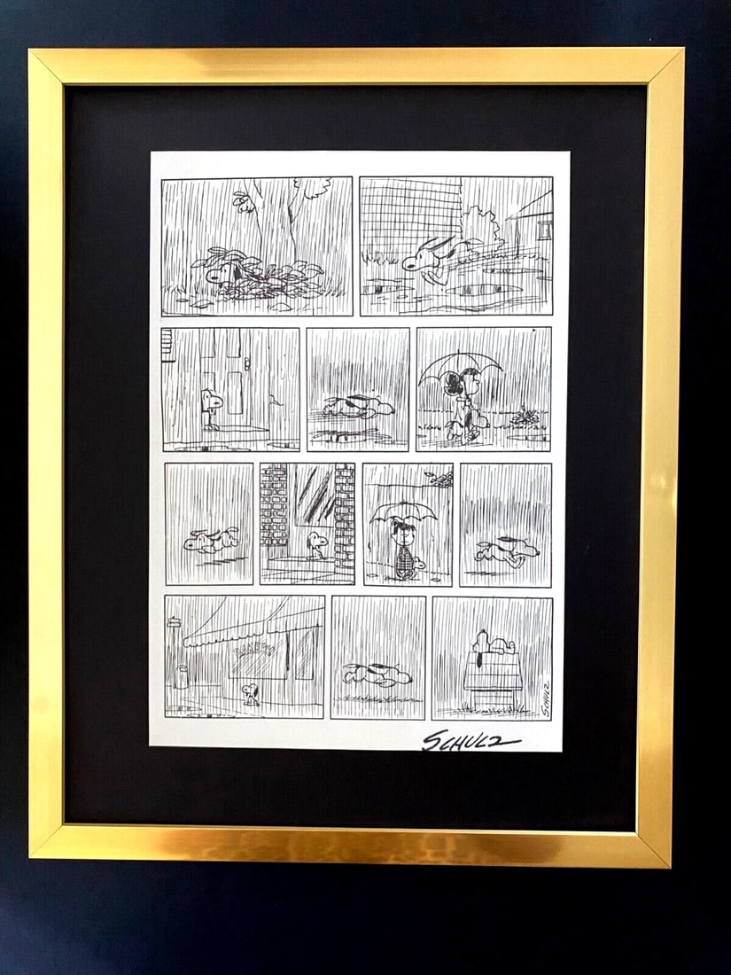 Charles Schulz + Signed Vintage 1968 Peanuts Snoopy Cartoon + New Golden Frame: Up for Sale this Beautiful Vintage 1968 Offset Lithograph after CHARLES M. SCHULTZ " Peanuts Cartoon " Facsimile Signed in ink Art Print is about 11.2 x 8.4in This art print is mounted on a 14 x 11 in