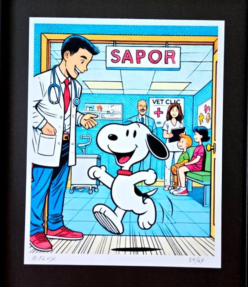 AIDAN FLUX Hand Signed Authentic LtdED Print Framed SNOOPY AT VET CLINIC COA - 3
