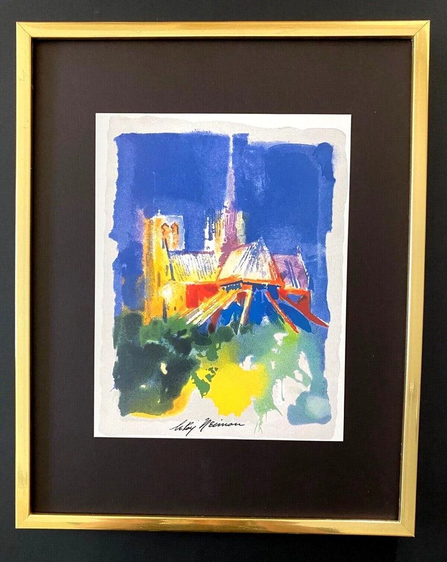 LEROY NEIMAN + NOTRE DAME PARIS + CIRCA 1970'S + SIGNED PRINT FRAMED: We have for Sale this LEROY NEIMAN AWESOME 1970'S PRINT ON PAPER " NOTRE DAME " FACSIMILE SIGNED IN INK SIZE OF THE PRINT: 8 X 7 in FRAME COVERS AN AREA OF 15 X 12 in MOUNTED AND FRAMED EXCELLENT