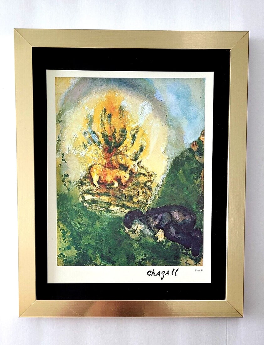 MARC CHAGALL + 1975 BEAUTIFUL SIGNED PRINT MOUNTED AND FRAMED: This is a Beautiful and Scarce 1975 Print after MARC CHAGALL FACSIMILE INK SIGNED From his Lithographs Collection Mounted and Framed in a 14x11 New Frame. Printed in Italy in 1975 after the Iconic Art