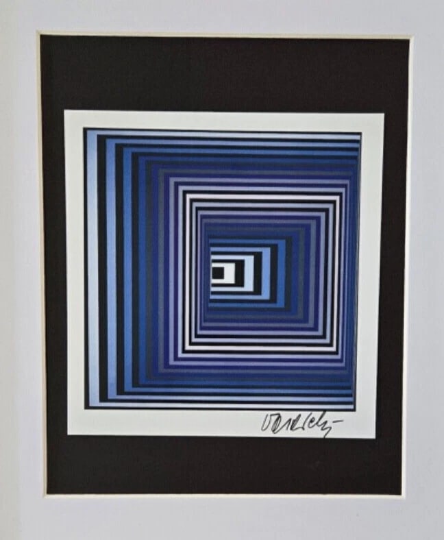 VICTOR VASARELY + SIGNED GEOMETRIC ABSTRACT PRINT FROM 1970s NEW FRAME 14x11in. - 2