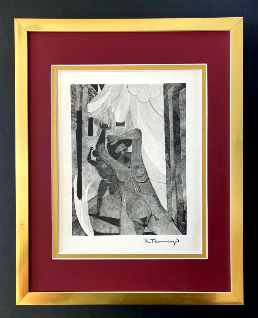 RUFINO TAMAYO 1947 BEAUTIFUL SIGNED PRINT MATTED AND FRAMED: This is a Beautiful and Scarce 1947 Print After RUFINO TAMAYO " FUEGO " FACSIMILE SIGNED IN INK Professionally Double Matted and Framed covering an area of 15x12in. Printed in Beautiful Paper after