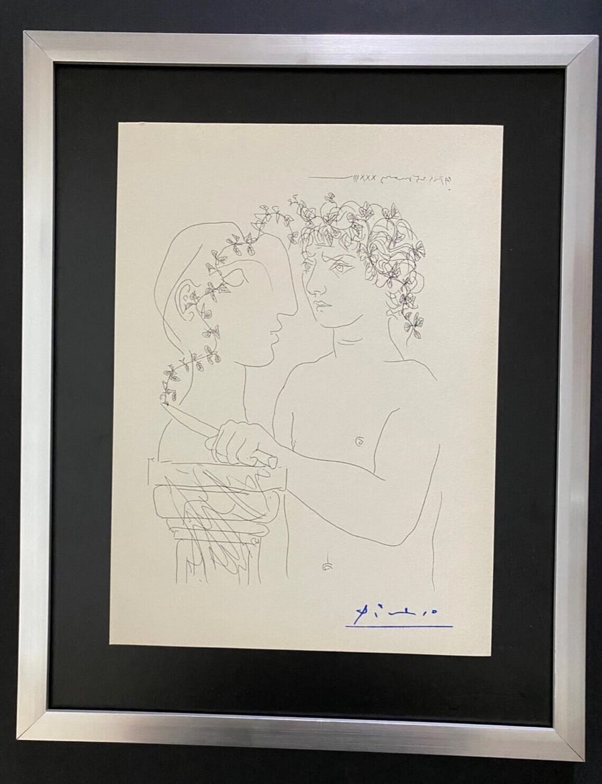 PABLO PICASSO 1955 ARTISTIC FIGURE SIGNED PRINT FRAMED $: This is a Beautiful and Scarce ARTISTIC FIGURE 1955 Print After PABLO PICASSO FACSIMILE SIGNED IN INK Mounted and Framed Covering an area of 15x12in. Printed in Beautiful Paper after this Iconic Artwo