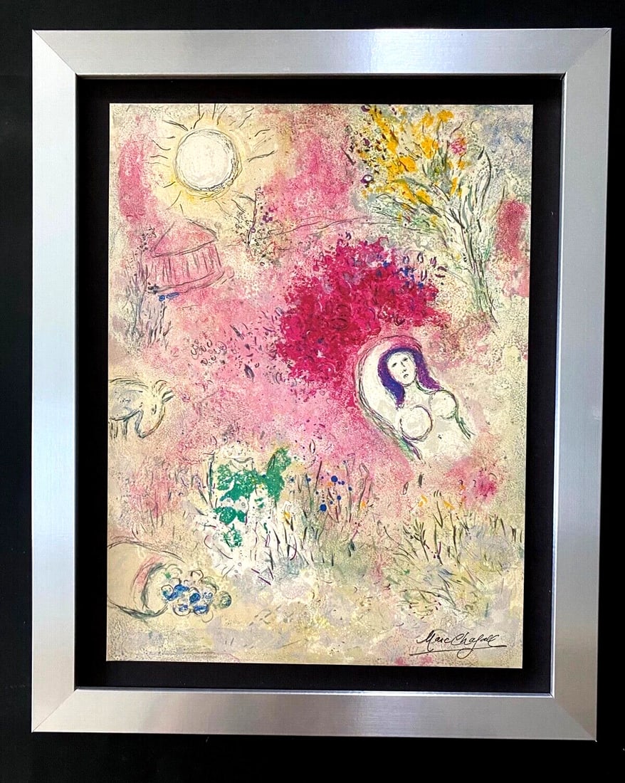 MARC CHAGALL + 1977 BEAUTIFUL SIGNED VINTAGE PRINT NEW FRAME + COA +BUY IT NOW!: This is a Beautiful 1977 Offset Lithographic Print After MARC CHAGALL " Daphnis and Chloe" FACSIMILE SIGNED IN INK Size is about 12 1/2 X 9 in. Mounted over an acid free black cardboard. New Wood