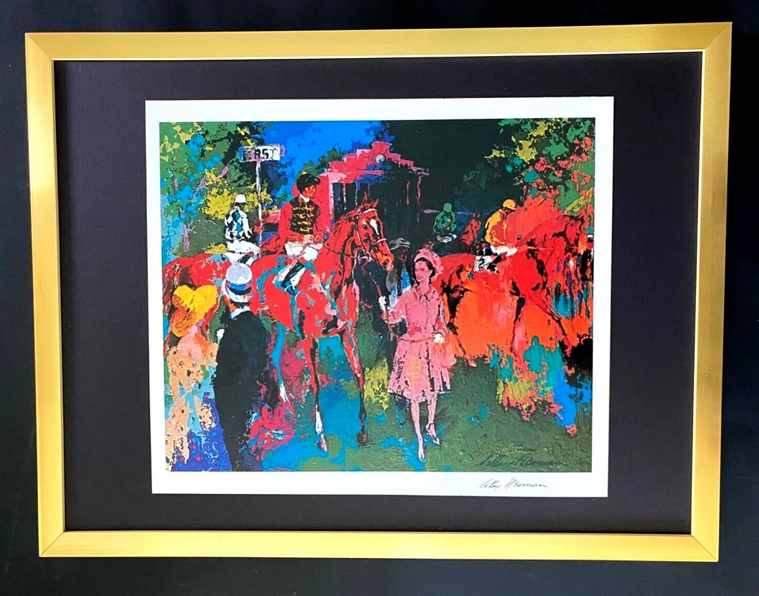 LEROY NEIMAN + QUEEN ELIZABETH AT ASCOT + CIRCA 1970'S + SIGNED PRINT FRAMED: We have for Sale this LEROY NEIMAN AWESOME 1970'S PRINT AFTER THE SERIGRAPH " QUEEN ELIZABETH AT ASCOT " FACSIMILE SIGNED IN INK FULL OF COLOR PRINT SIZE OF THE PRINT: 14 X 11 in FRAME COVERS AN AREA 