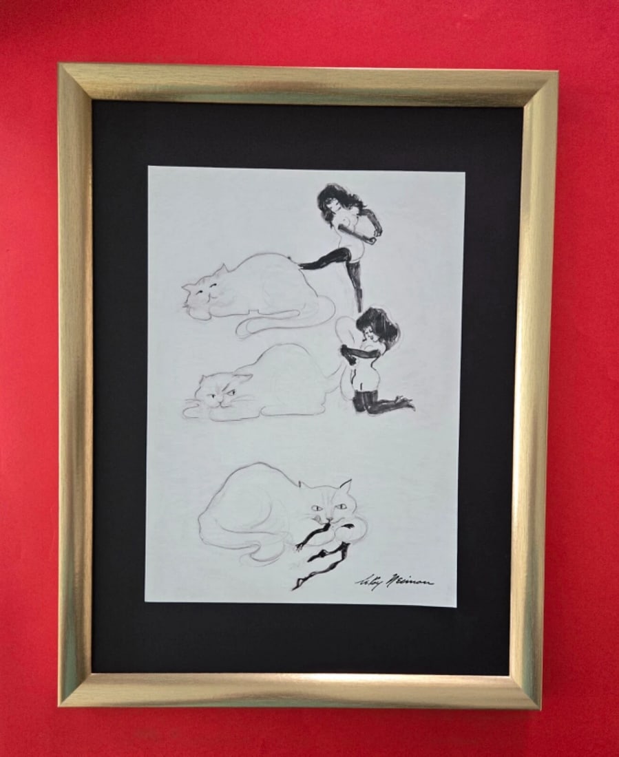 LEROY NEIMAN + FEMLIN AND CAT FROM PLAYBOY + CIRCA 1990'S + SIGNED PRINT FRAMED: We have for Sale this LEROY NEIMAN AWESOME VINTAGE PRINT " FEMLIN " FACSIMILE SIGNED IN INK SIZE OF THE PRINT: 12 X 9 in NEW FRAME COVERS AN AREA OF 17 X 13 in MOUNTED AND FRAMED EXCELLENT CONDITIONS