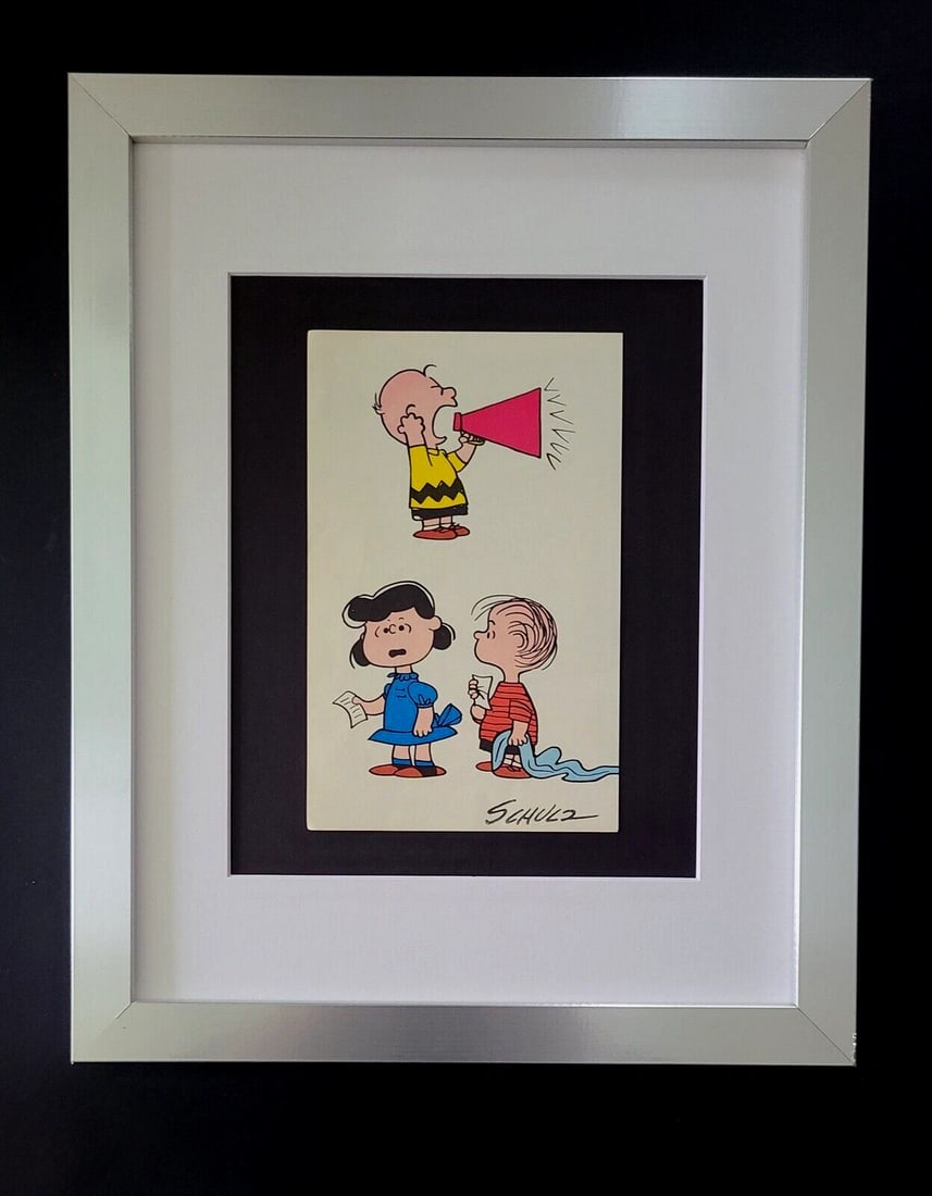 Charles Schulz Snoopy Peanuts Signed 1968 Christmas Cartoon Framed: WE HAVE FOR SALE TODAY THIS BEAUTIFUL VINTAGE 1968 OFFSET LITHOGRAPH AFTER CHARLES M. SCHULTZ " CHRISTMAS PEANUTS CARTOON " FACSIMILE SIGNED IN INK THIS ART PRINT IS MATTED AND MOUNTED ON A 14 X 11 IN