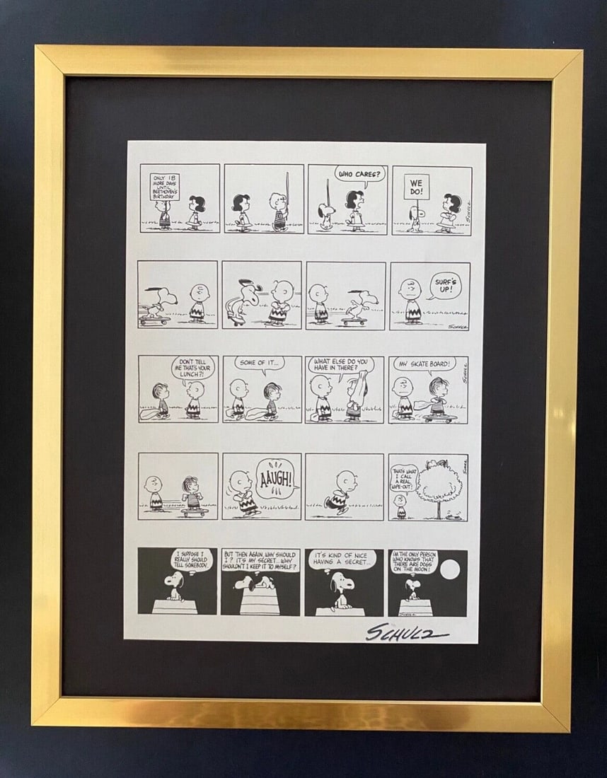 Charles Schulz Snoopy Peanuts 1968 Signed Vintage Print New Frame: WE HAVE FOR SALE TODAY THIS BEAUTIFUL VINTAGE 1968 OFFSET LITHOGRAPH AFTER CHARLES M. SCHULTZ " PEANUTS CARTOON " FACSIMILE SIGNED IN INK ART PRINT IS ABOUT 11.2 X 8.4IN THIS ART PRINT IS MOUNTED ON