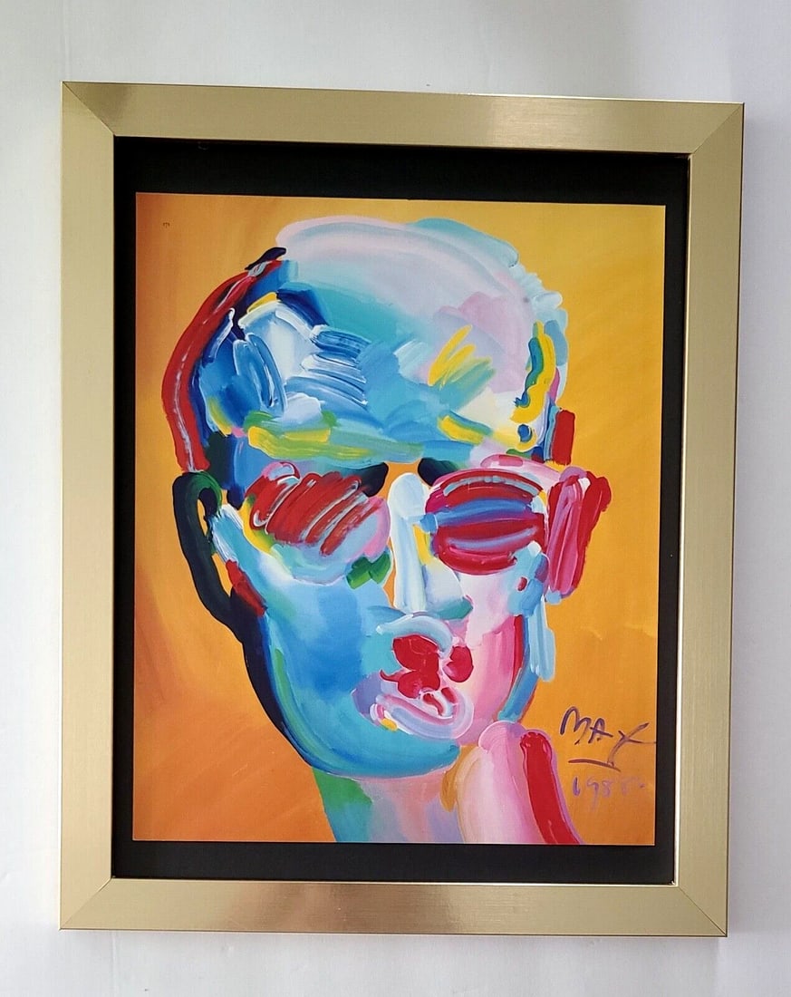 PETER MAX + POP ART + 1980'S SIGNED PRINT + NEW GOLDEN FRAME: We have for Sale this Print After PETER MAX AWESOME VINTAGE PRINT ON GLOSSY PAPER SIGNED ON THE PLATE FULL OF COLOR PRINT SIZE OF THE PRINT IS ABOUT : 10 X 8 in FRAME COVERS AN AREA OF 15 X 12 in